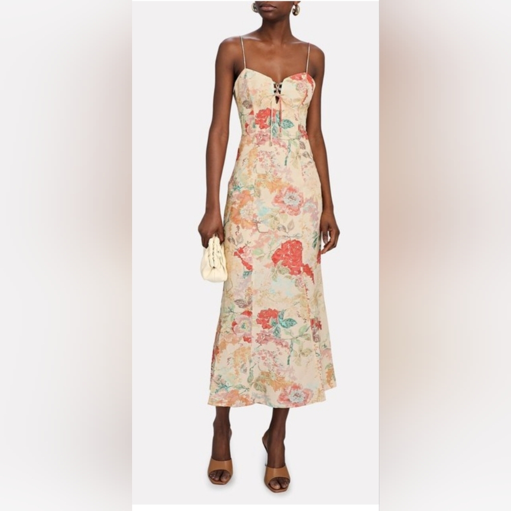Significant Other Floral Midi Dress Size 10 Peach Coral Lace-Up Bodice - Picture 11 of 14